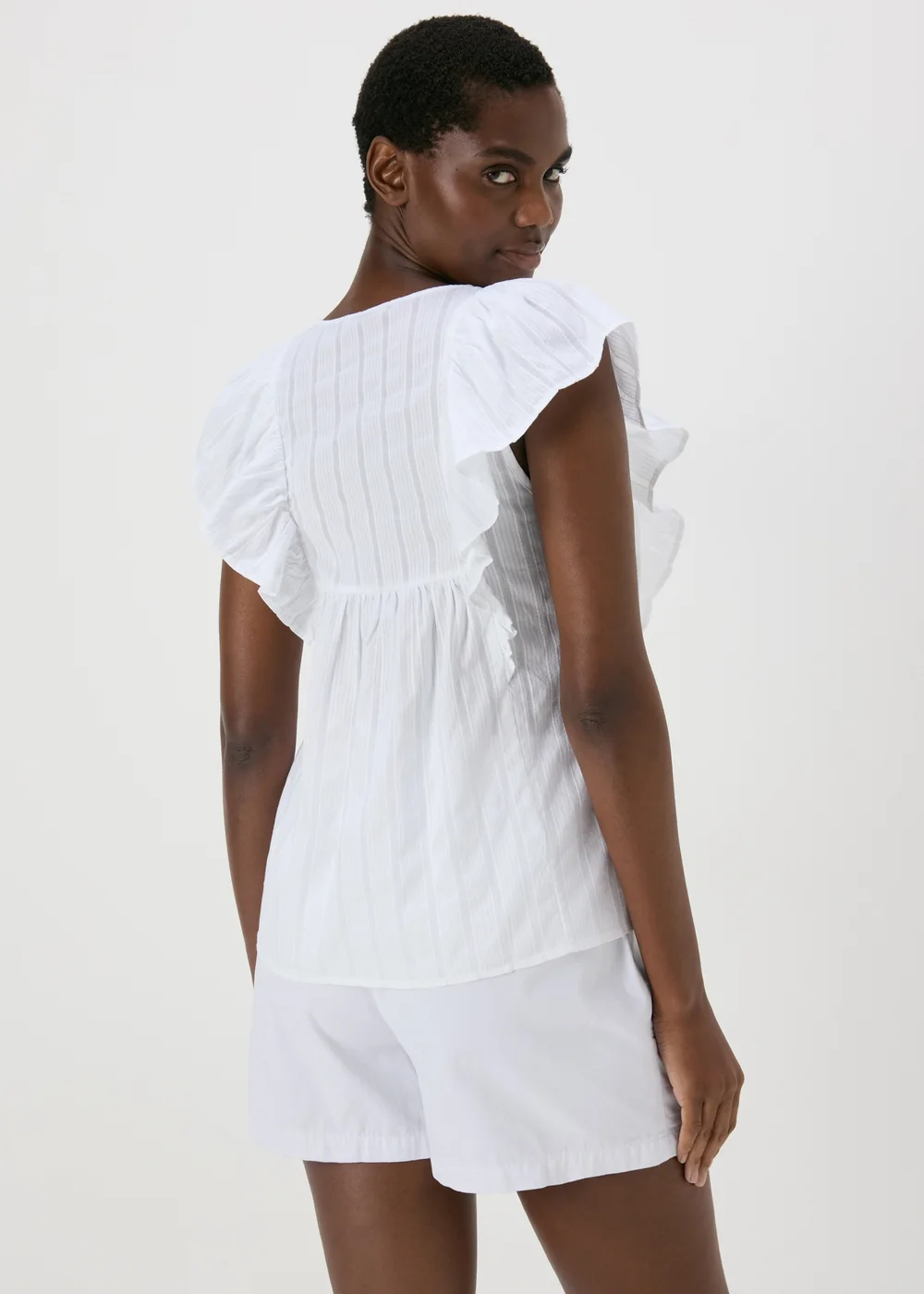 White Dobby Frill Sleeve V-Neck Blouse - 8 Image 2