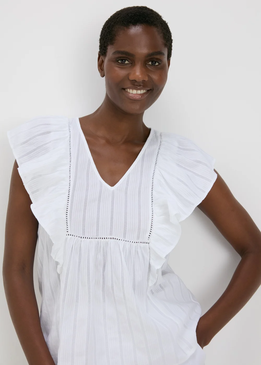 White Dobby Frill Sleeve V-Neck Blouse - 8 Image 1