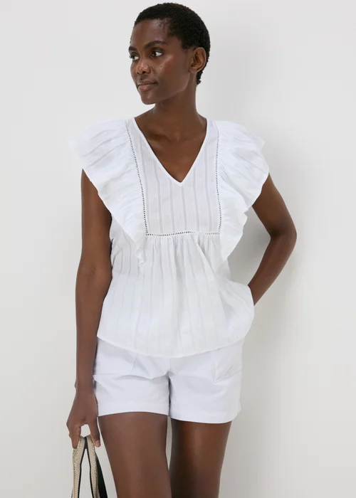 White Dobby Frill Sleeve V-Neck Blouse - 8 Image 3
