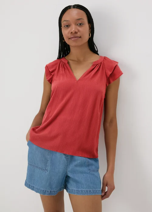 Red Ruffle Sleeve V-Neck Blouse - 8 Image 1
