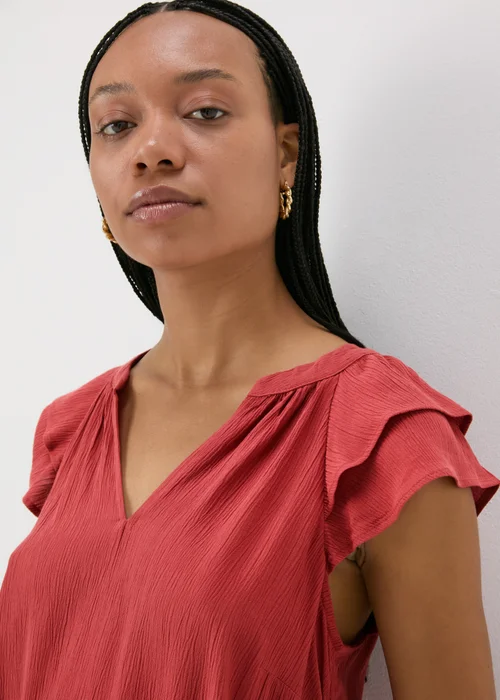 Red Ruffle Sleeve V-Neck Blouse - 8 Image 3