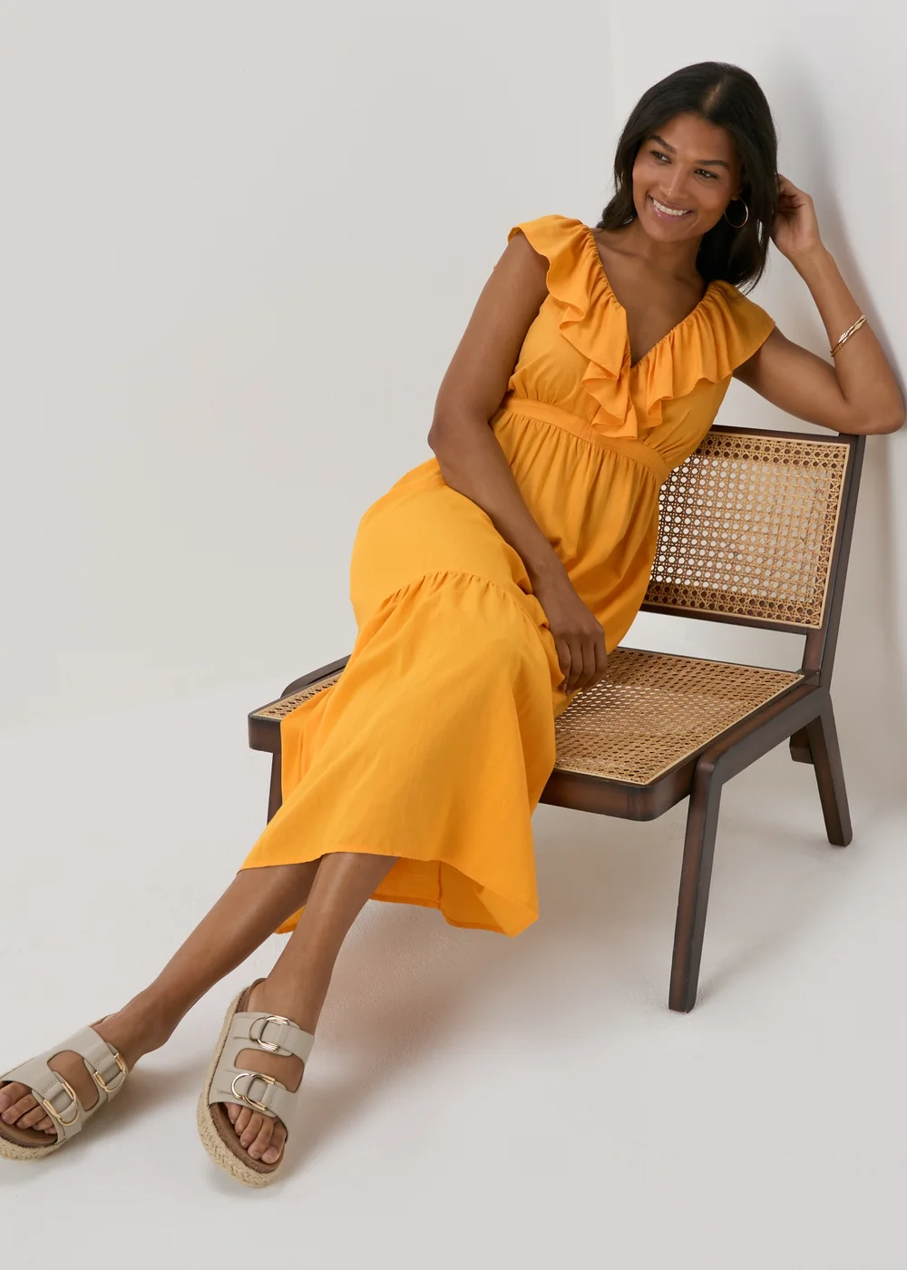 Yellow Frill V-Neck Midi Dress - 8 Image 4