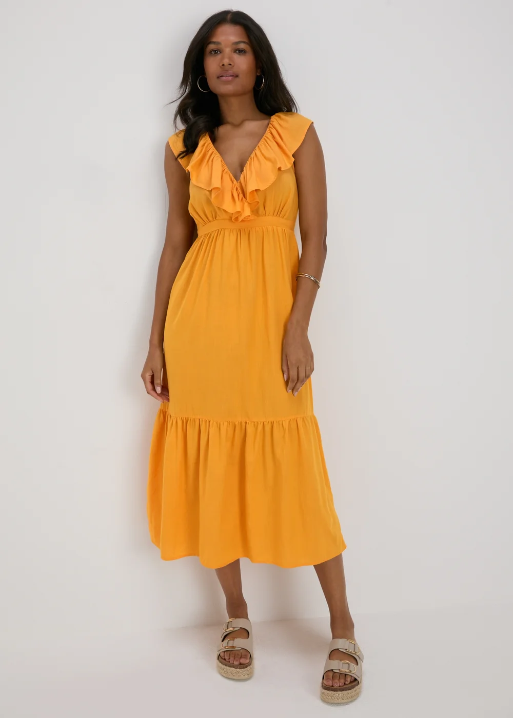 Yellow Frill V-Neck Midi Dress - 8 Image 1