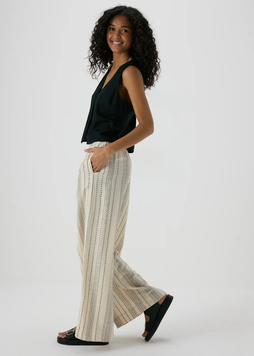 Ecru Stripe Cotton Wide Leg Trousers - 8 Image 4