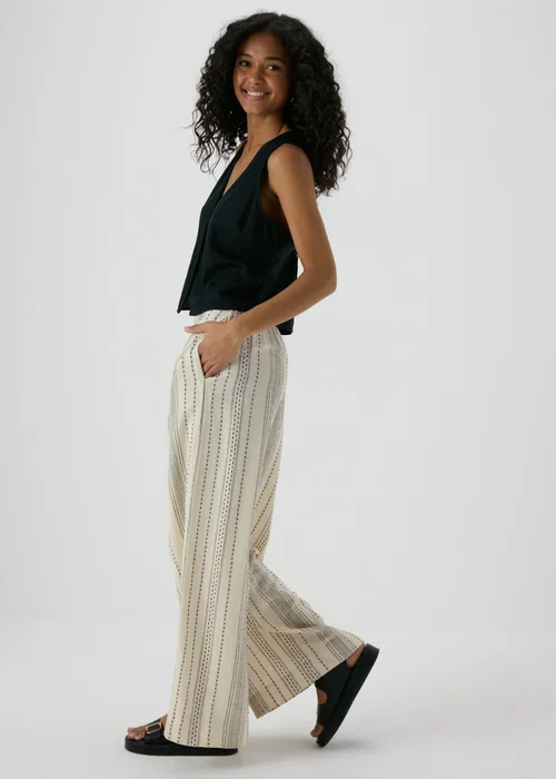 Ecru Stripe Cotton Wide Leg Trousers - 8 Image 4