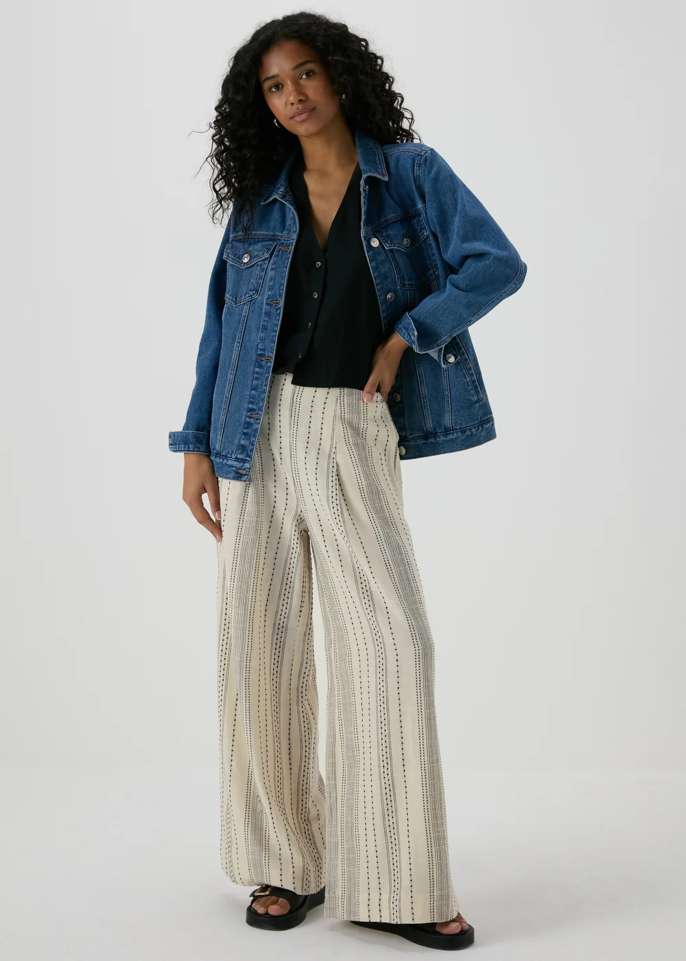 Ecru Stripe Cotton Wide Leg Trousers - 8 Image 1