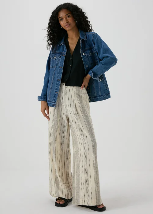 Ecru Stripe Cotton Wide Leg Trousers - 8 Image 1