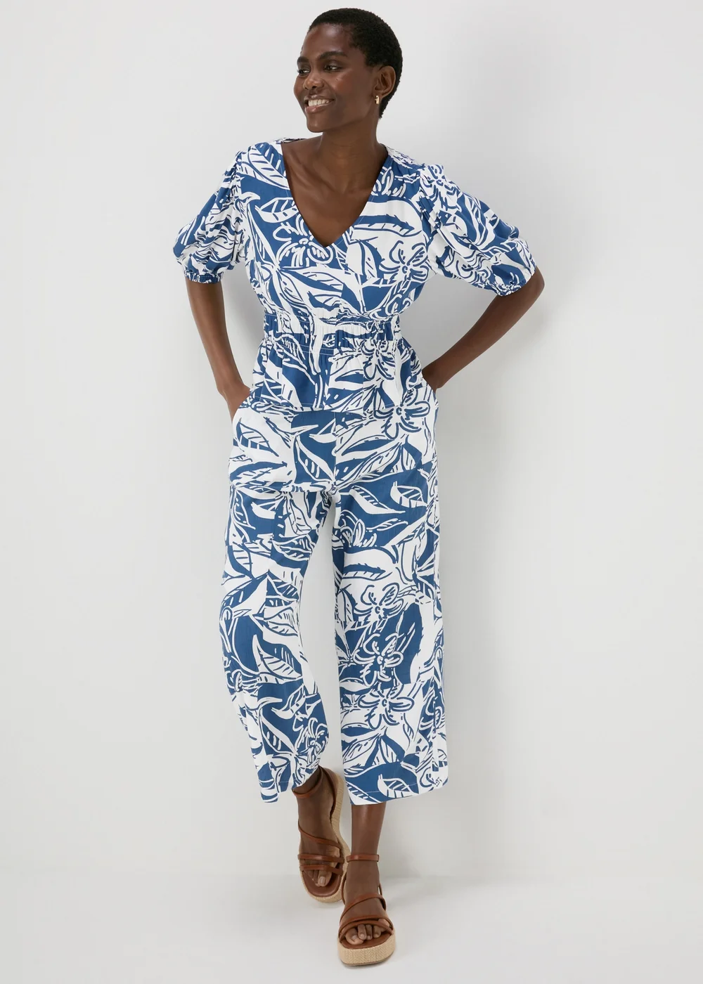 Blue Printed Crinkle Crop Trousers - 8 Image 1