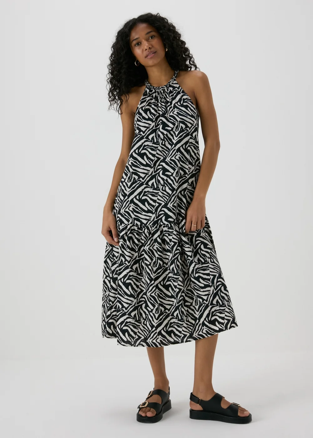 Black Animal Print Plaited Neck Midi Dress - 8 Image 1