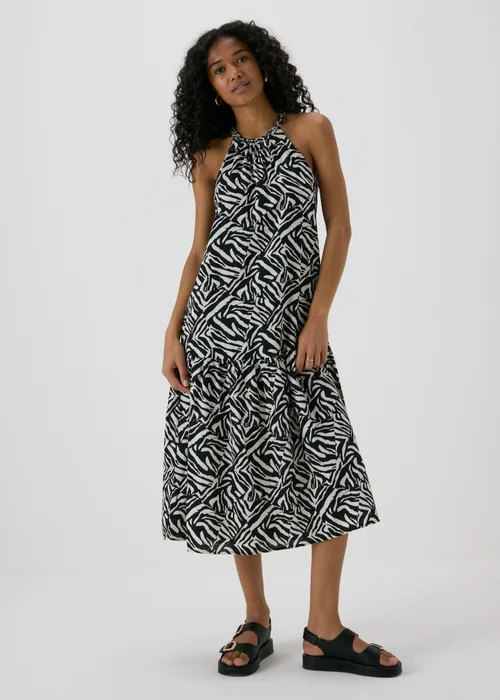 Black Animal Print Plaited Neck Midi Dress - 8 Image 1