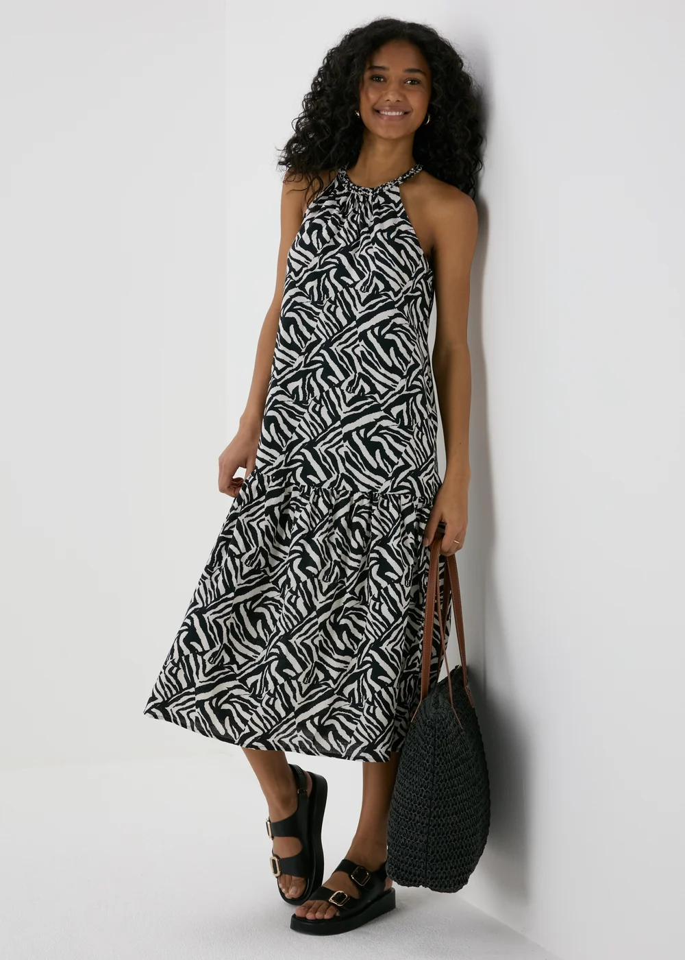 Black Animal Print Plaited Neck Midi Dress - 8 Image 4