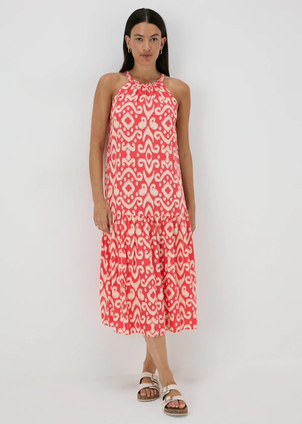 Red Printed Plaited Neck Midi Dress - 8 Image 3