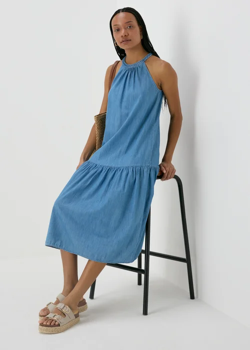 Denim Plaited Neck Midi Dress - Size 8 Image 4