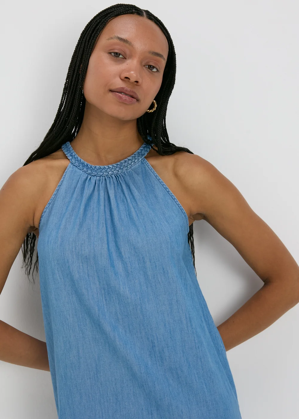 Denim Plaited Neck Midi Dress - Size 8 Image 3