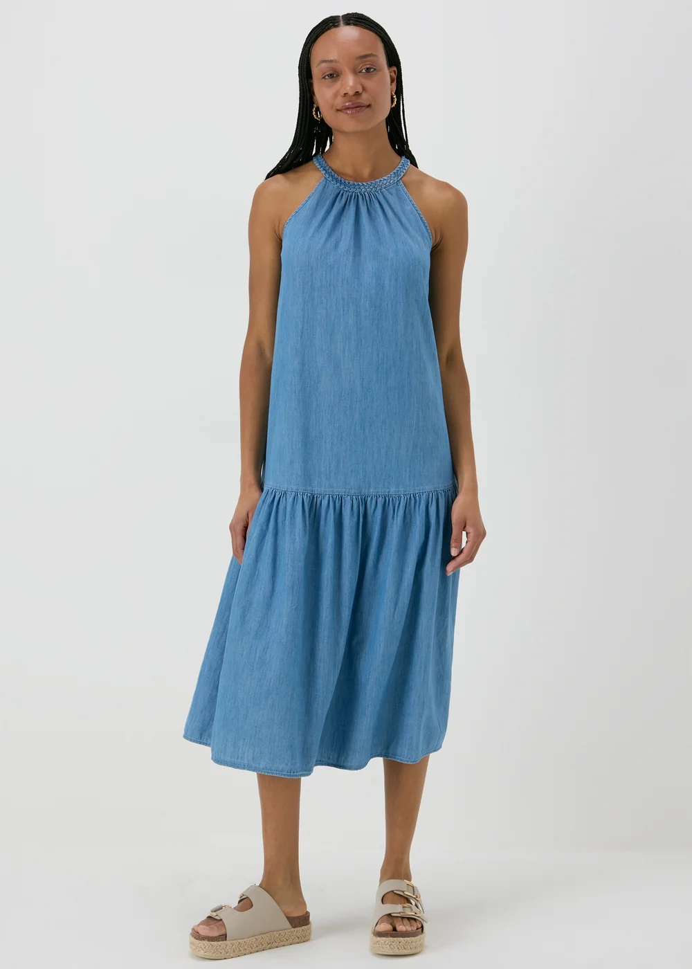Denim Plaited Neck Midi Dress - Size 8 Image 1