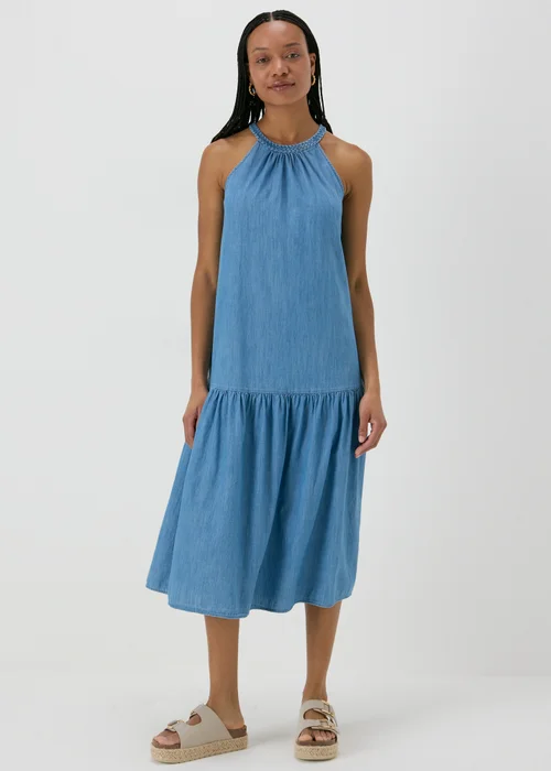 Denim Plaited Neck Midi Dress - Size 8 Image 1