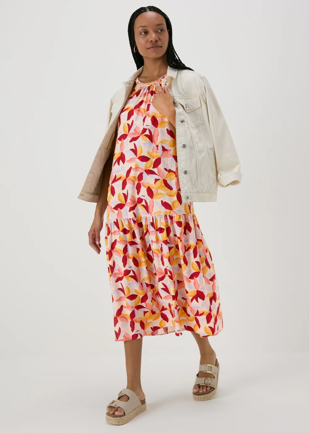 Multicolour Leaf Print Plaited Neck Midi Dress - 8 Image 4