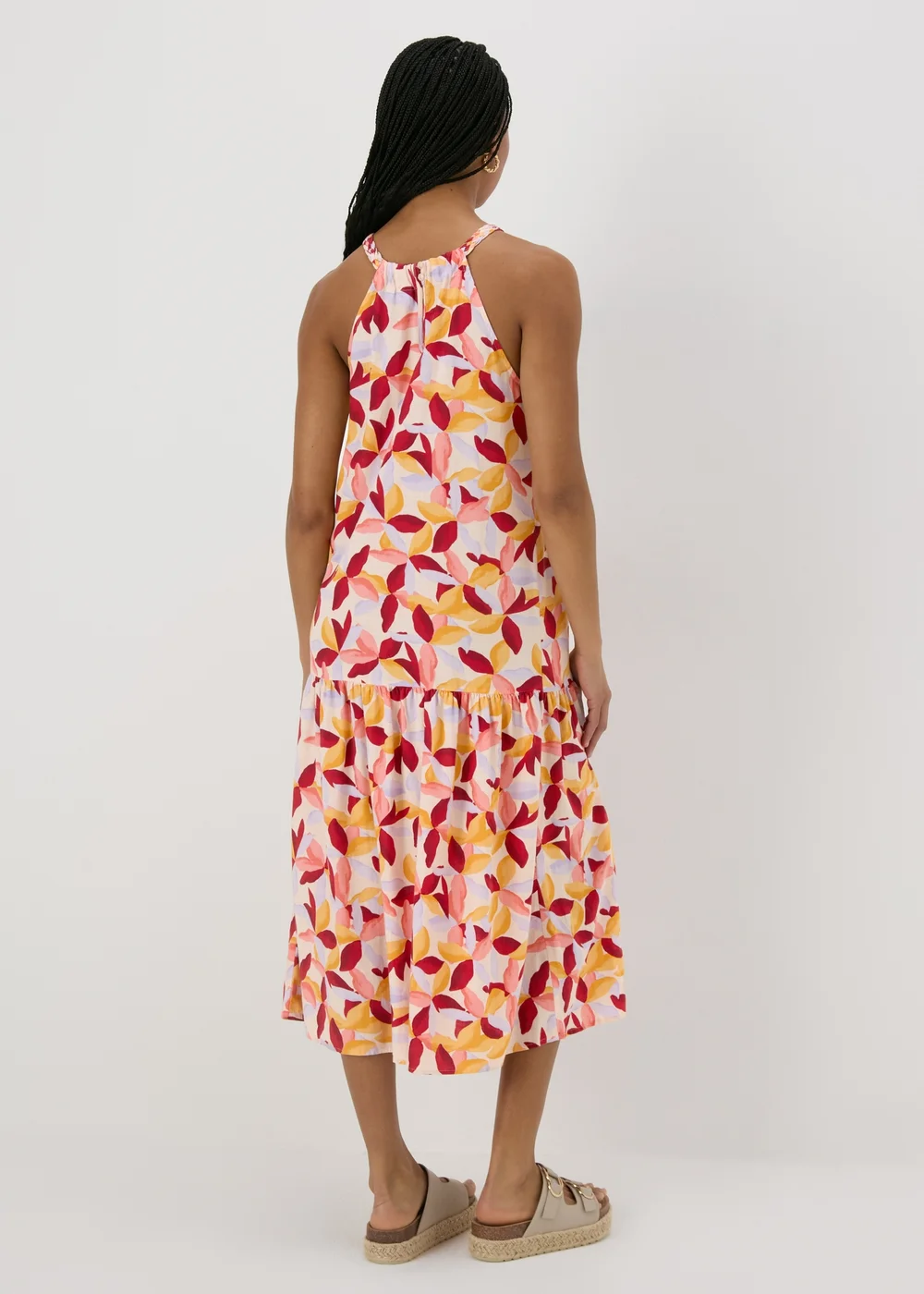 Multicolour Leaf Print Plaited Neck Midi Dress - 8 Image 2
