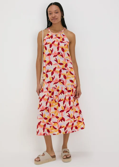 Multicolour Leaf Print Plaited Neck Midi Dress - 8 Image 1