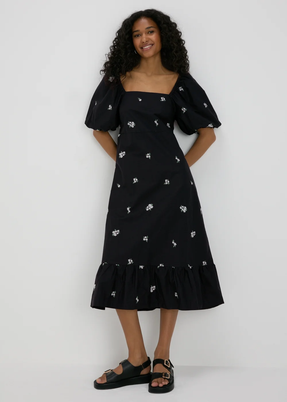 Black Floral Tie Back Midi Dress - 8 Image 1