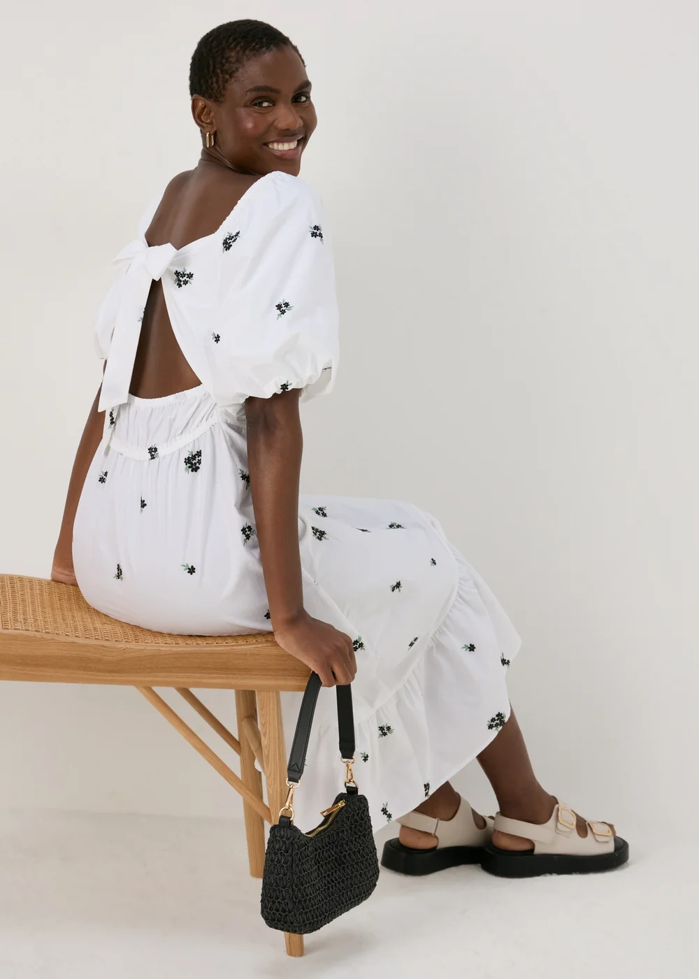 White Floral Tie Back Midi Dress. - 8 Image 4
