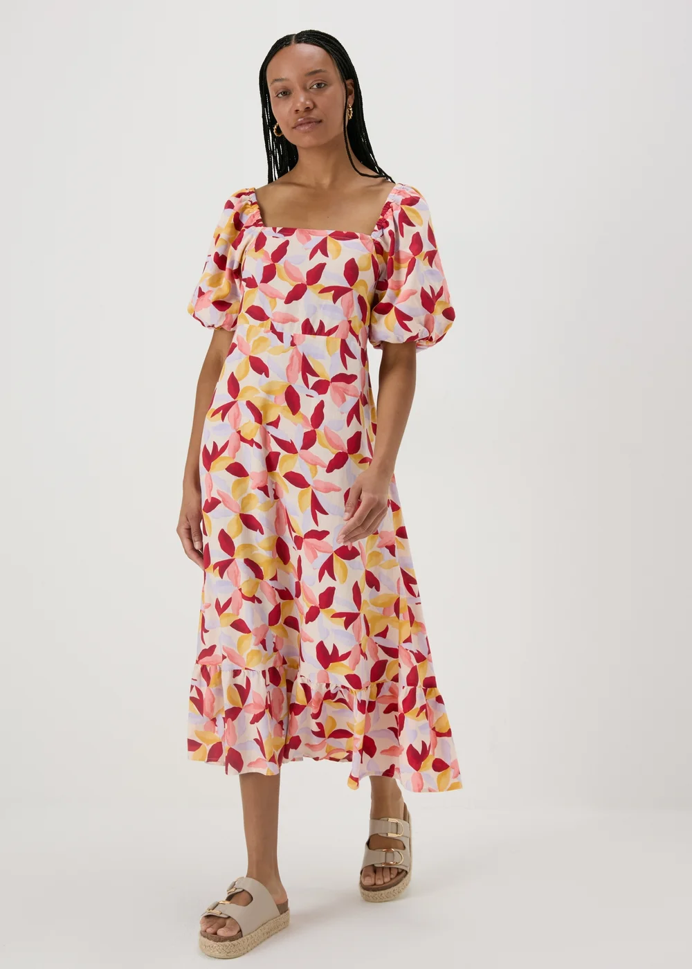 Multicolour Leaf Print Puff Sleeve Midi Dress - 8 Image 1