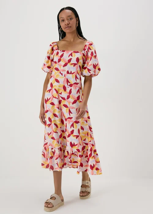 Multicolour Leaf Print Puff Sleeve Midi Dress - 8 Image 1