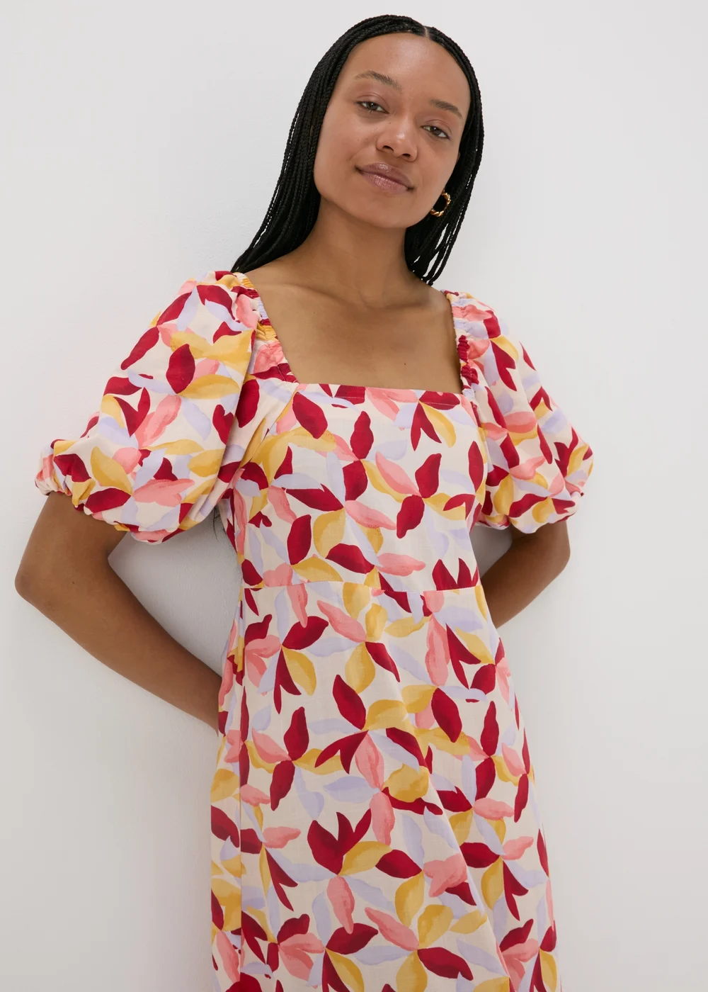 Multicolour Leaf Print Puff Sleeve Midi Dress - 8 Image 3
