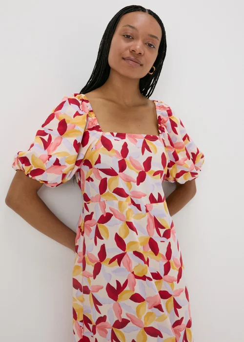 Multicolour Leaf Print Puff Sleeve Midi Dress - 8 Image 3