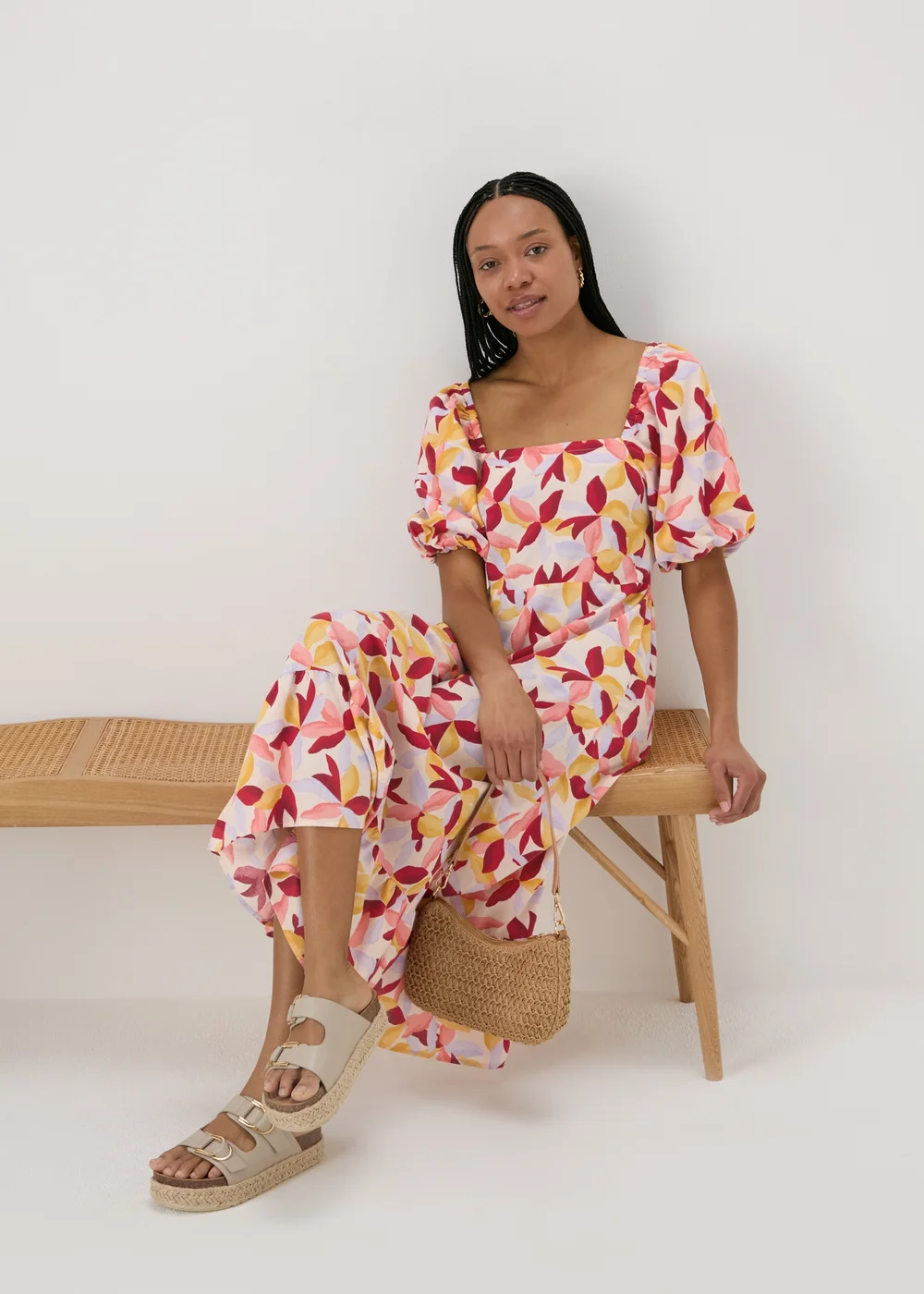 Multicolour Leaf Print Puff Sleeve Midi Dress - 8 Image 4