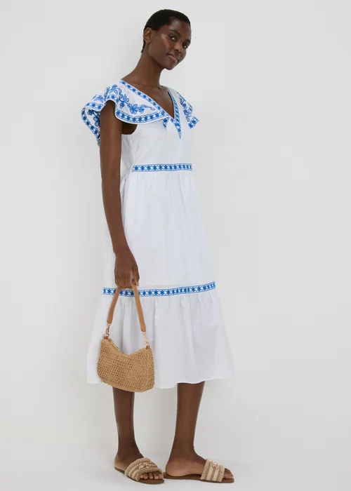 White Embroidered Trim Midi Dress - 8 Image 4