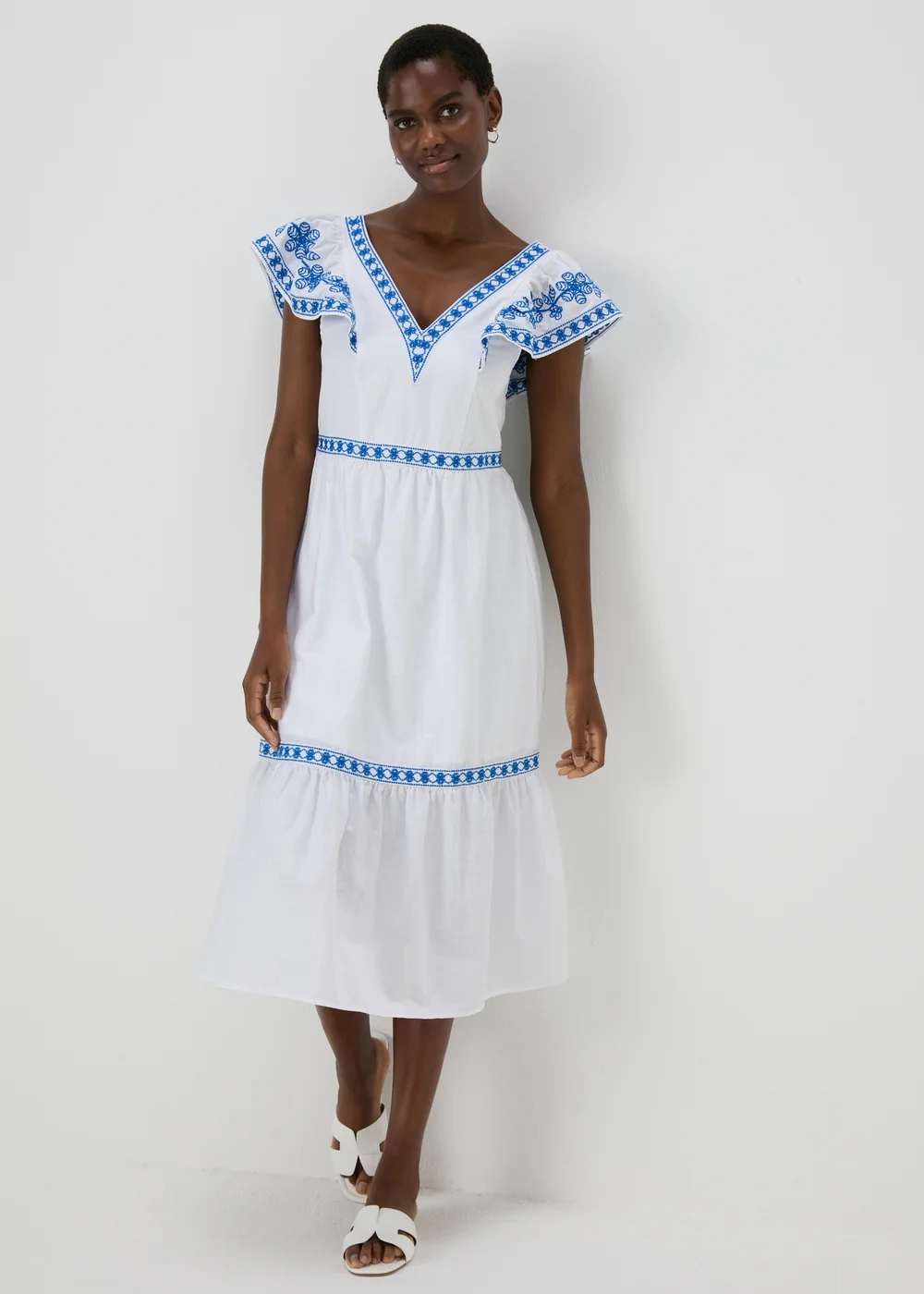 White Embroidered Trim Midi Dress - 8 Image 3