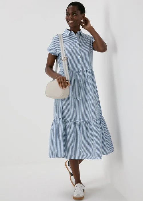 Blue Stripe Tiered Shirt Midi Dress - 8 Image 1