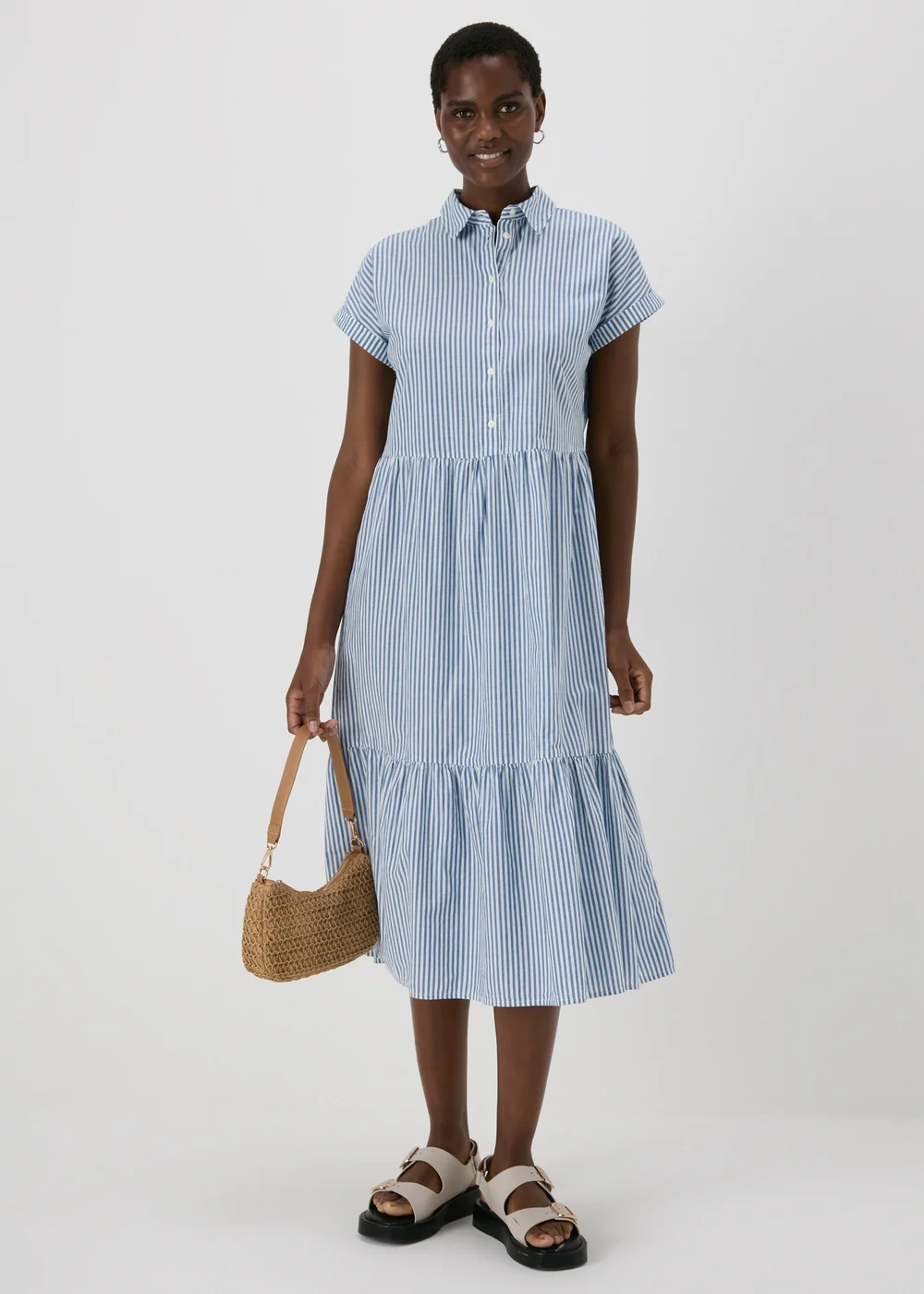 Blue Stripe Tiered Shirt Midi Dress - 8 Image 4