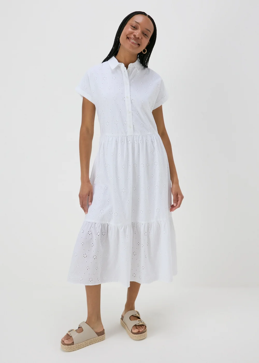 White Broderie Shirt Midi Dress - 8 Image 1