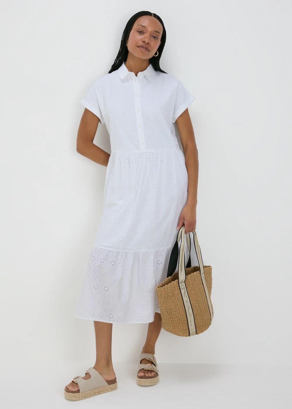 White Broderie Shirt Midi Dress - 8 Image 4