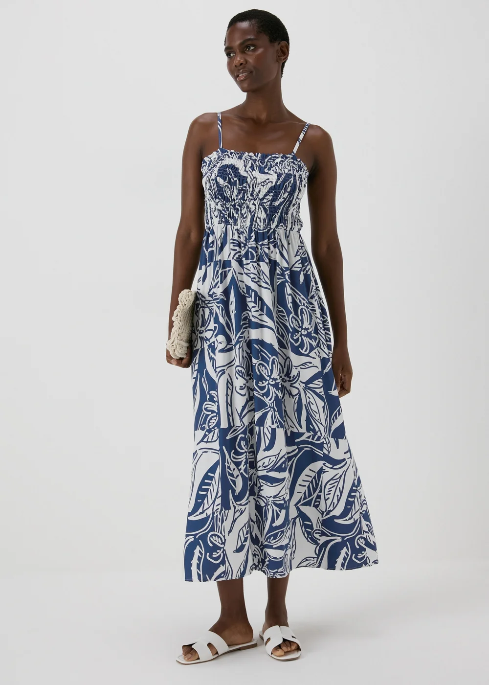 Blue Printed Shirred Midi Dress - 8 Image 1