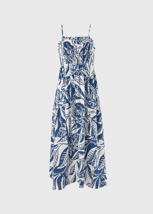 Blue Printed Shirred Midi Dress - 8 Image 5