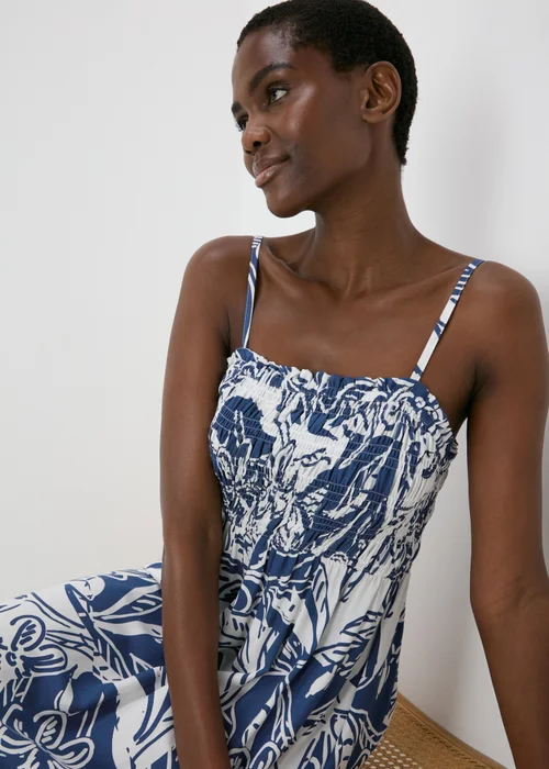Blue Printed Shirred Midi Dress - 8 Image 3