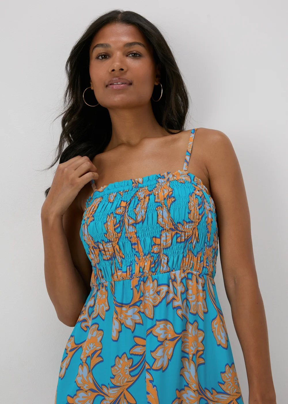 Turquoise Floral Shirred Midi Dress - 8 Image 3