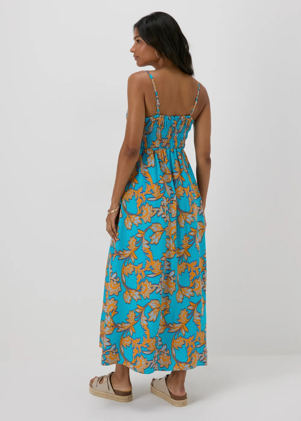 Turquoise Floral Shirred Midi Dress - 8 Image 4