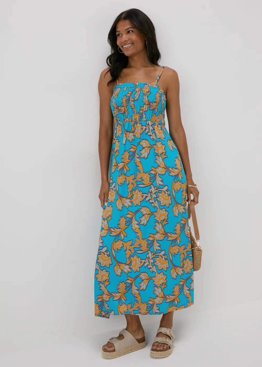 Turquoise Floral Shirred Midi Dress - 8 Image 1