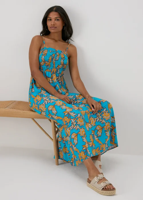 Turquoise Floral Shirred Midi Dress - 8 Image 2