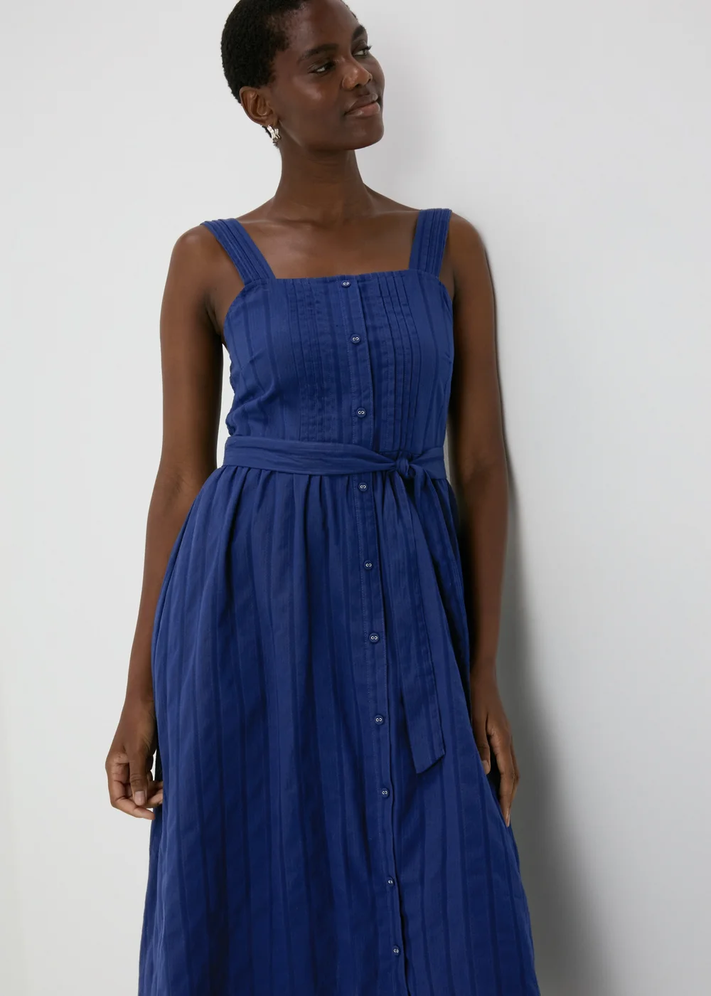 Navy Dobby Stripe Pintuck Midi Dress - 8 Image 1