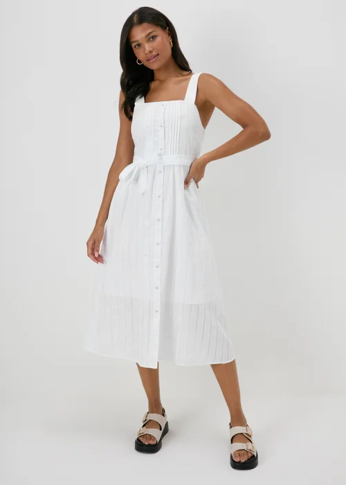 White Dobby Stripe Button Front Midi Dress - 8 Image 4