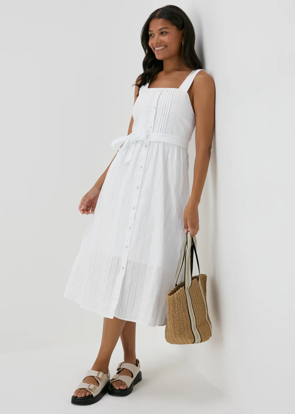 White Dobby Stripe Button Front Midi Dress - 8 Image 1