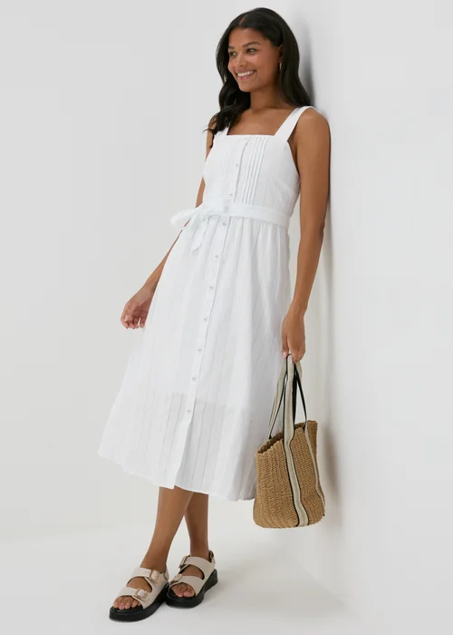 White Dobby Stripe Button Front Midi Dress - 8 Image 1