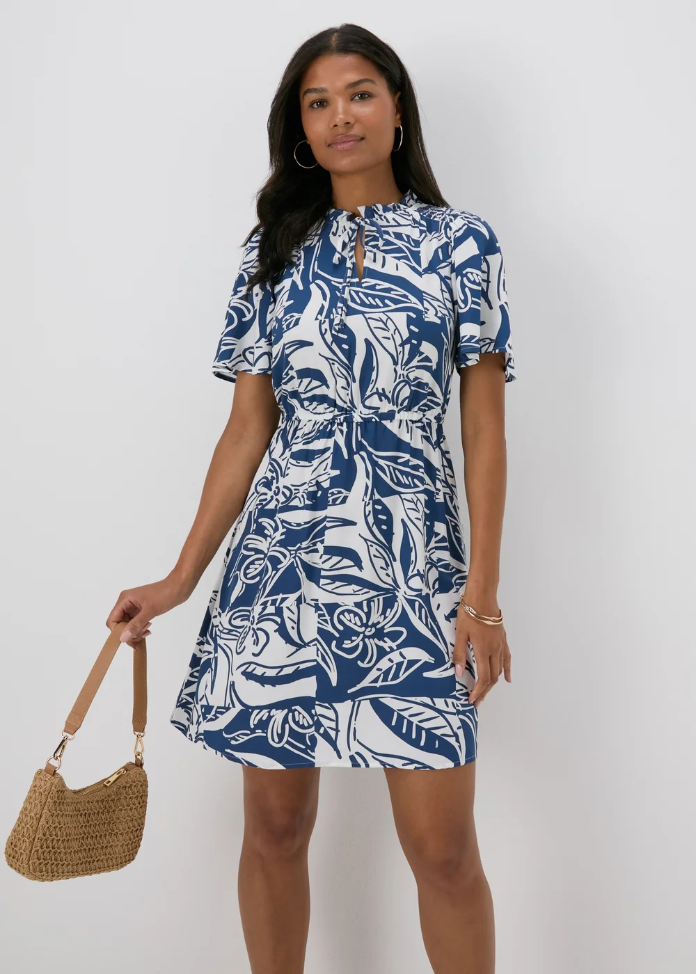 Blue Printed Tie Neck Mini Dress - 8 Image 4