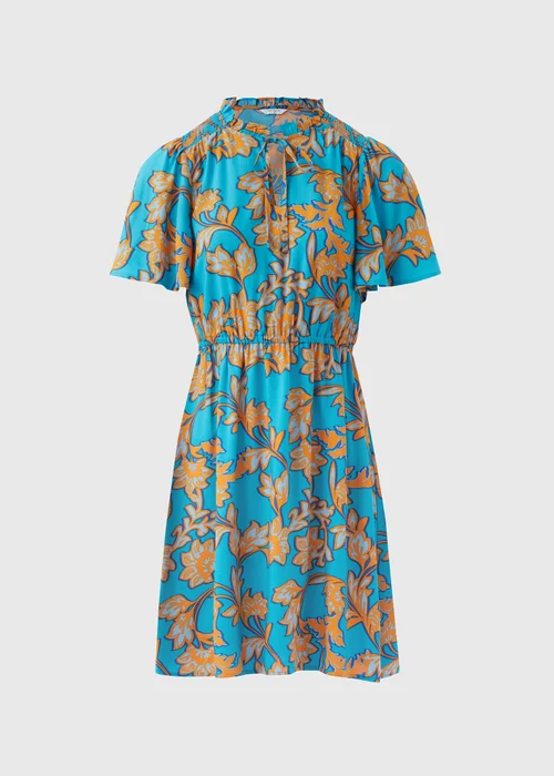 Turquoise Floral Tie Neck Mini Dress - 8 Image 5