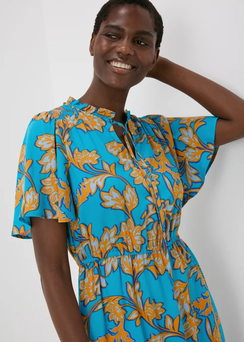 Turquoise Floral Tie Neck Mini Dress - 8 Image 3